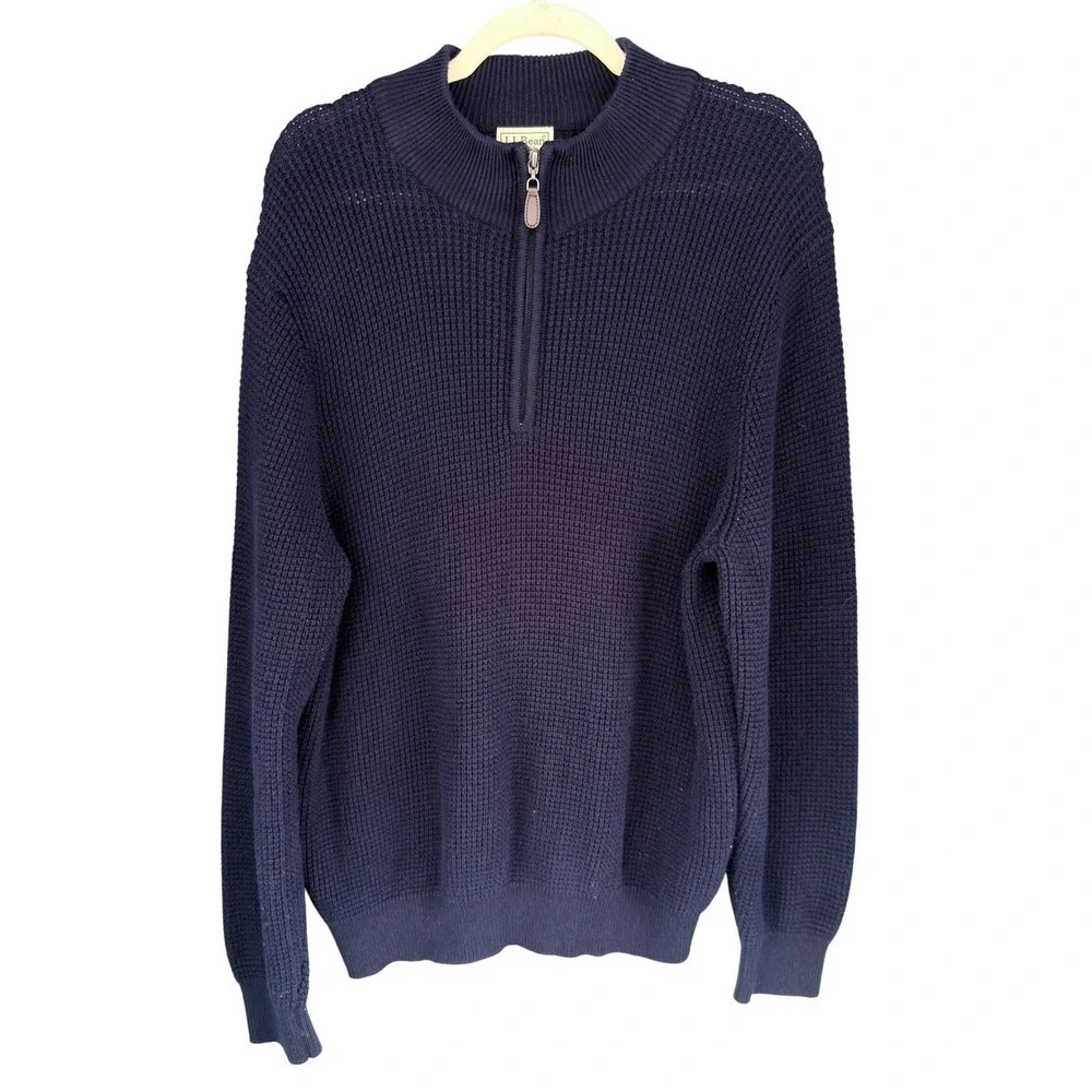 L.L. Bean Mens Quarter Zip Sweater Navy Blue Cotton‎ Cashmere Blend L Regular